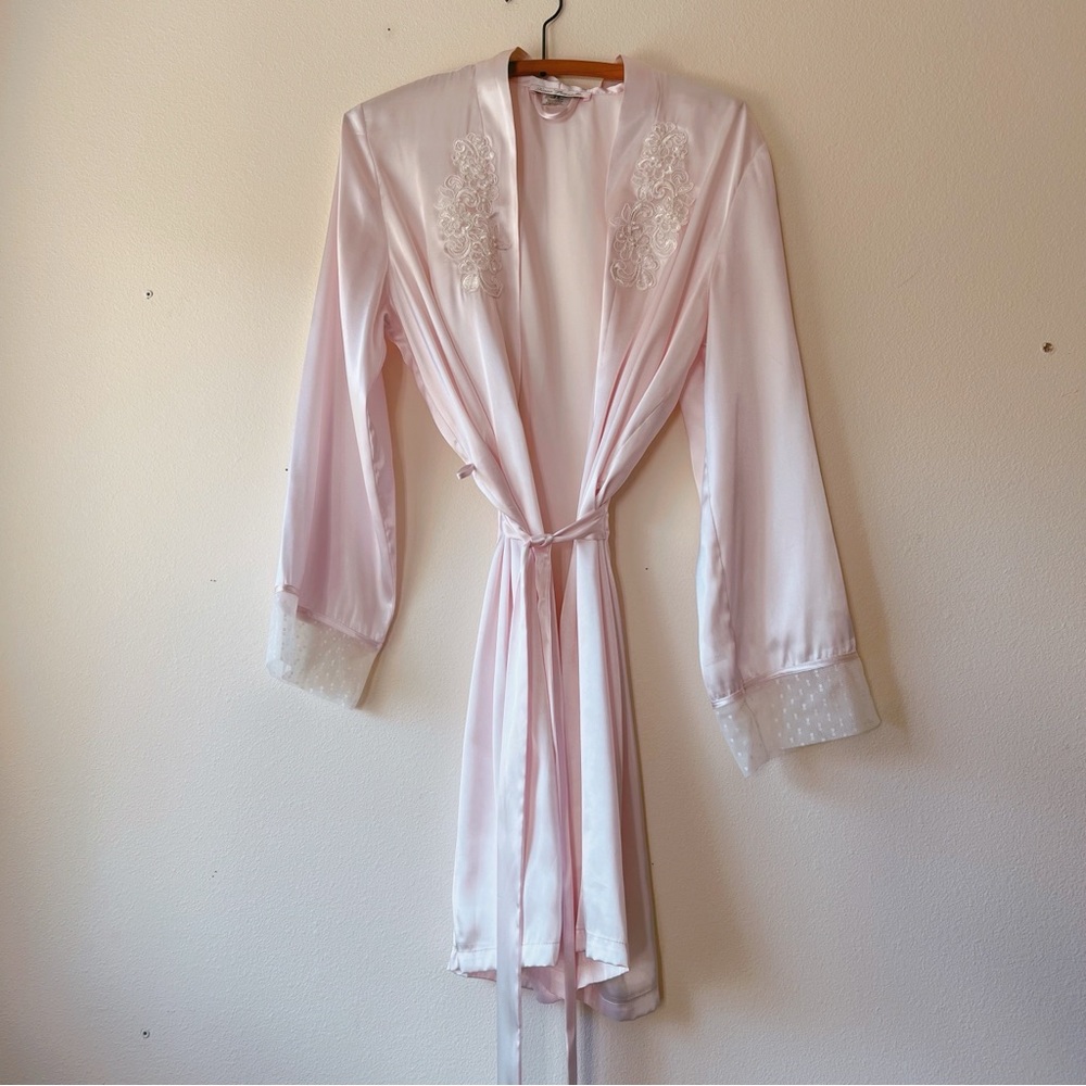 vintage Linea Donatello blush pink beaded lace bridal Slip dress & robe set S/M